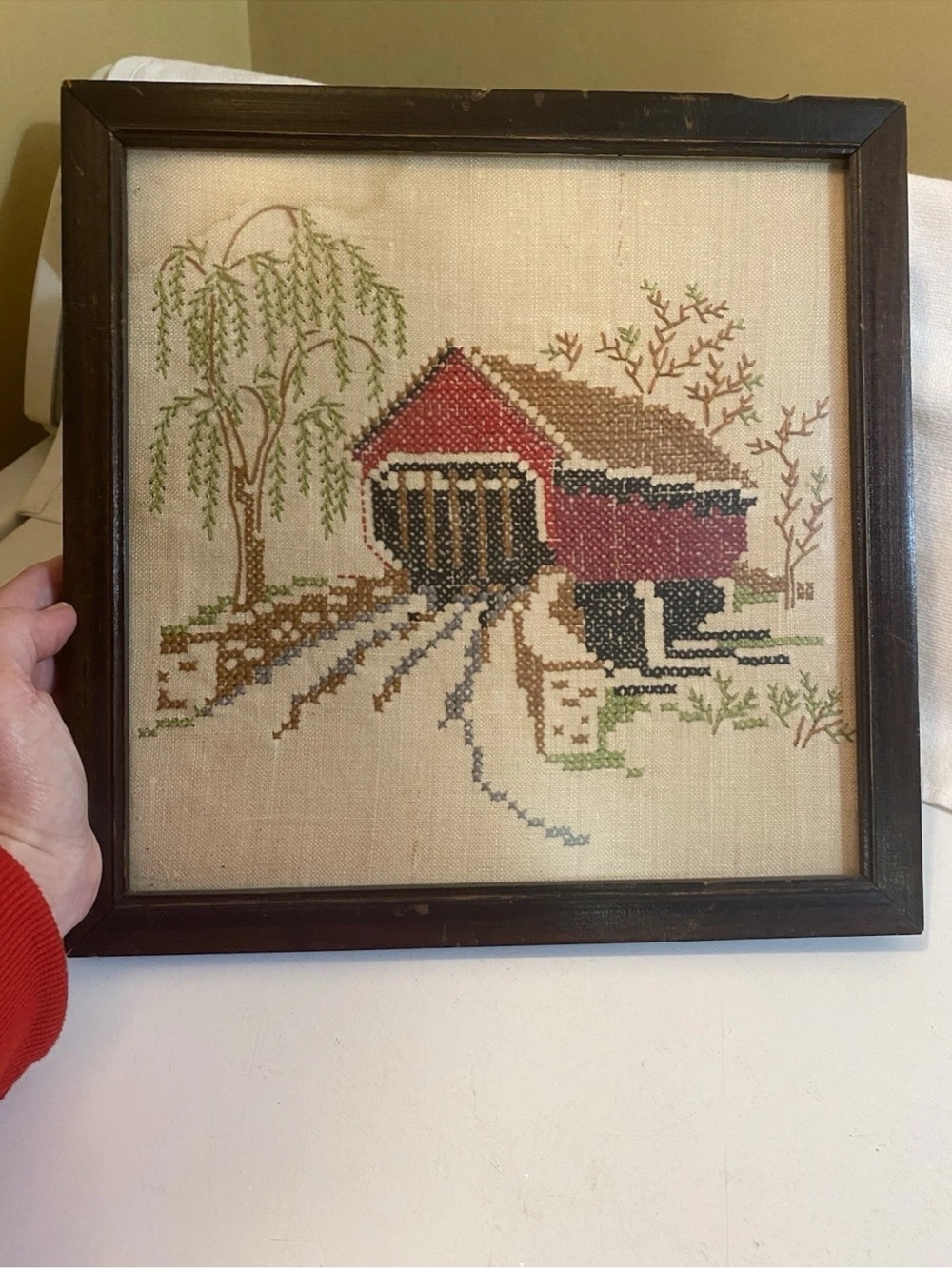 Source Unknown Red and Brown Cross-Stitch Covered Bridge Wall Art